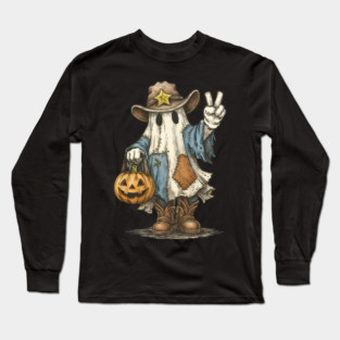 Cowboy Ghost with Pumpkin – Funny Halloween Costume for Spooky Season and Halloween Gift Long Sleeve T-Shirt