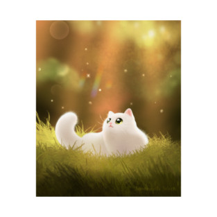 White Cat in Golden Meadow, Peaceful Nature Animal Art T-Shirt
