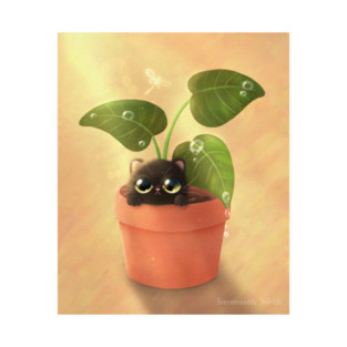 Black Kitten in Plant Pot, Cute Whimsical Cat Art T-Shirt