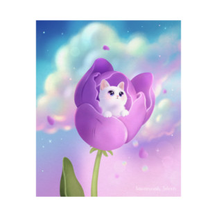 White Kitten in Purple Tulip, Whimsical Floral Fantasy Art T-Shirt