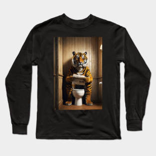 Tiger Reading Newspaper in Rustic Bathroom Long Sleeve T-Shirt