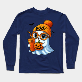 Cute Halloween Ghost with Pumpkin Long Sleeve T-Shirt