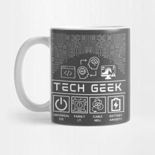 Tech Geek Humor with Circuit Board and IT Lifestyle Icons Mug