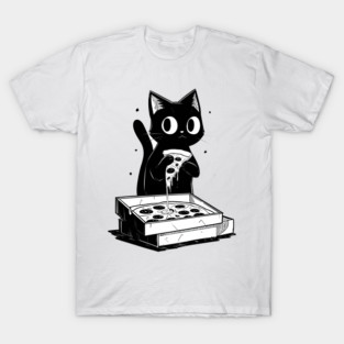 Cute Black Cat Eating Pizza – Minimalist Cartoon Kitty with Cheesy Slice in Pizza Box Line Art Style T-Shirt