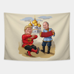 Trump and Putin Russian Dance Cartoon Tapestry