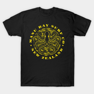 Octopus Pet Manu Bay Surf Company New Zealand Octopus Surfer Gold Logo T-Shirt