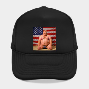 Donald Trump Wearing a Bikini On His Knees with His Mouth Open Against an American Flag Hat