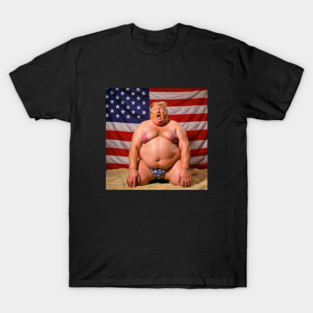 Donald Trump Wearing a Bikini On His Knees with His Mouth Open Against an American Flag T-Shirt