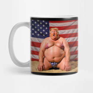 Donald Trump Wearing a Bikini On His Knees with His Mouth Open Against an American Flag Mug