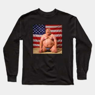 Donald Trump Wearing a Bikini On His Knees with His Mouth Open Against an American Flag Long Sleeve T-Shirt