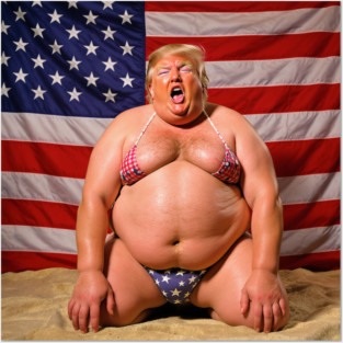 Donald Trump Wearing a Bikini On His Knees with His Mouth Open Against an American Flag Posters and Art