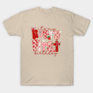 Strawberry First Birthday Typography T-Shirt
