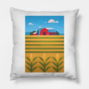 Retro Iowa Travel Poster Wall Art Print, Farm and Cornfield Landscape Artwork for Living Room, Rustic Midwestern State Pillow