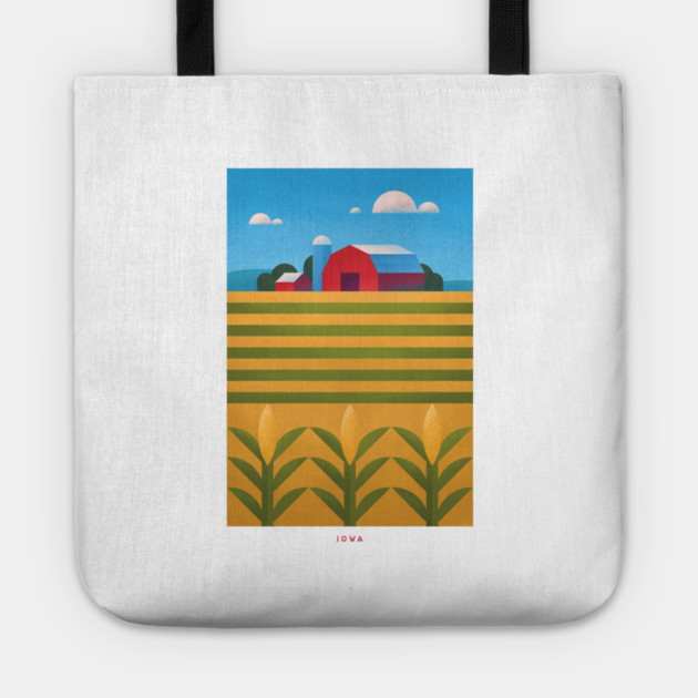 Retro Iowa Travel Poster Wall Art Print, Farm and Cornfield Landscape Artwork for Living Room, Rustic Midwestern State Tote by Yesteeyear