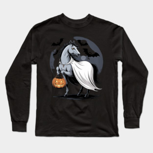 Halloween Horse With Pumpkin Ghost Costume Rider Riding Long Sleeve T-Shirt