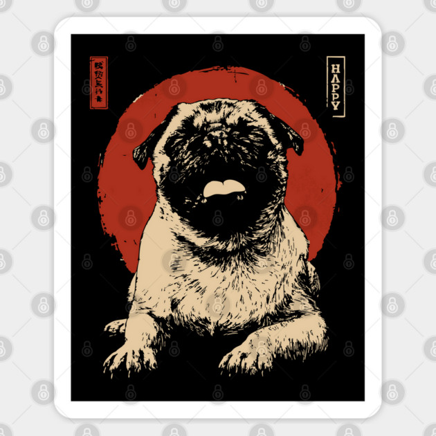 Adorable Happy Pug Dog Japanese Red Sun Art Sticker by TuncGK