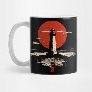 Japanese Style Lighthouse Red Sun Nautical Graphic Art Mug