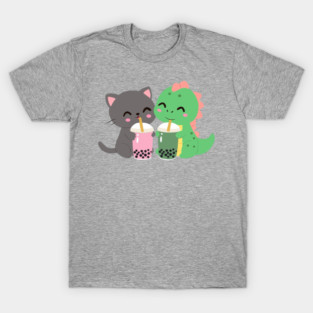 Cat and Dinosaur with Bubble Tea T-Shirt