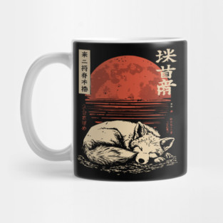 Peaceful Sleeping Fox Japanese Red Moon Nature Art Mug