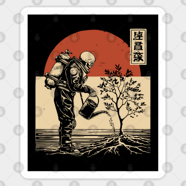 Surreal Zombie Astronaut Watering Tree of Life Art Sticker by TuncGK