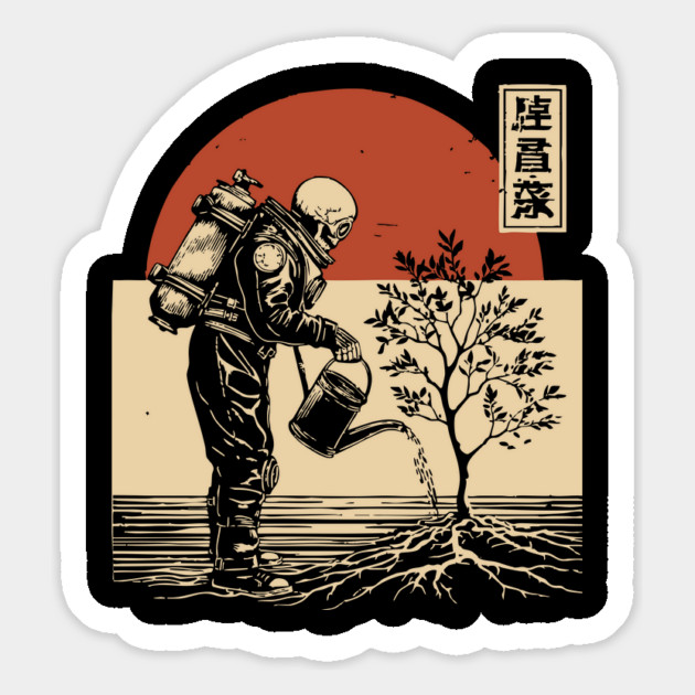 Surreal Zombie Astronaut Watering Tree of Life Art Magnet by TuncGK