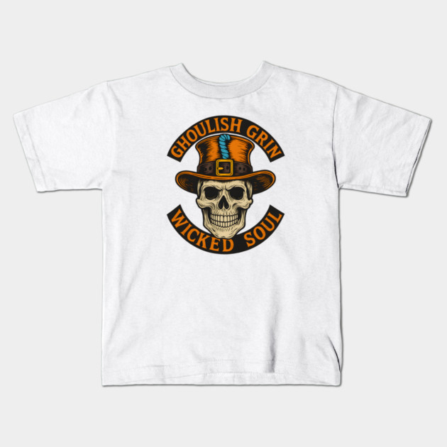 Ghoulish Grin Wicked Soul - Vintage Skull Halloween Design with Haunted Attitude Kids T-Shirt by WarFX Designs