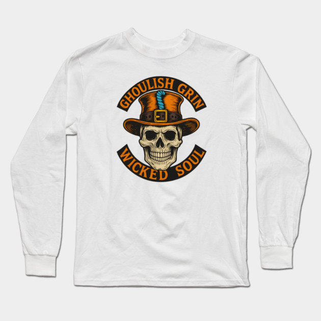 Ghoulish Grin Wicked Soul - Vintage Skull Halloween Design with Haunted Attitude Long Sleeve T-Shirt by WarFX Designs