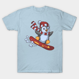 Cute Penguin on a Snowboard Cartoon T-Shirt