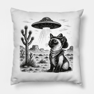 Vintage Siamese Cat UFO Shirt – Western Cowboy Siamese Tee, Retro Alien Cat T Shirt, Perfect Gift for Siamese Mom, Dad & Cat Lovers Pillow