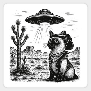 Vintage Siamese Cat UFO Shirt – Western Cowboy Siamese Tee, Retro Alien Cat T Shirt, Perfect Gift for Siamese Mom, Dad & Cat Lovers Sticker