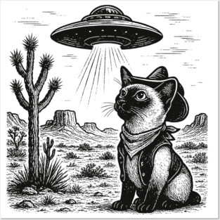 Vintage Siamese Cat UFO Shirt – Western Cowboy Siamese Tee, Retro Alien Cat T Shirt, Perfect Gift for Siamese Mom, Dad & Cat Lovers Posters and Art