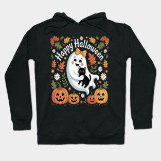 Ghost with Black Cat and Pumpkins Halloween Hoodie