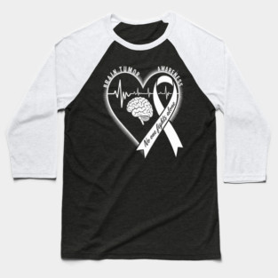 Brain Tumor Awareness Heart Brain Cancer Gray Ribbon Support Baseball T-Shirt