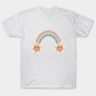 Retro Groovy Rainbow with Flowers in Pastel Colors T-Shirt