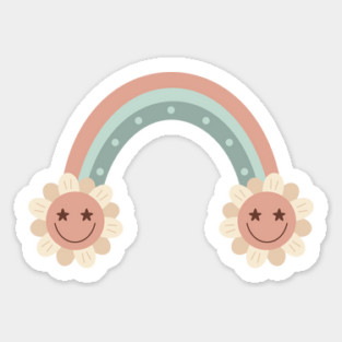 Retro Groovy Rainbow with Flowers in Pastel Colors Sticker