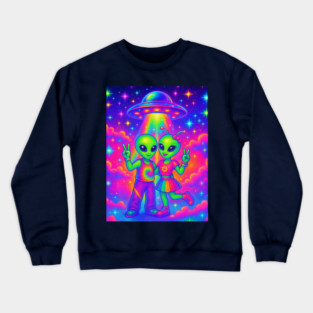 Kawaii Alien Couple Peace Sign Rainbow UFO Abduction T-Shirt Crewneck Sweatshirt