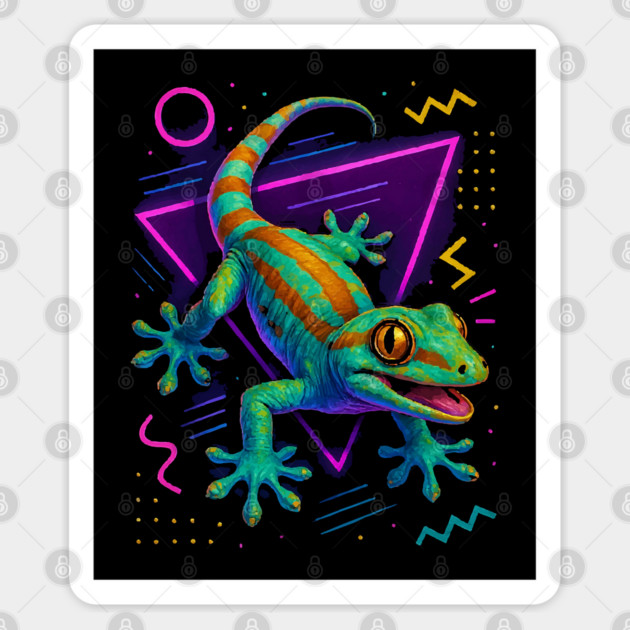 Retro Neon White Lined Gecko Sticker by Reptiq's Store
