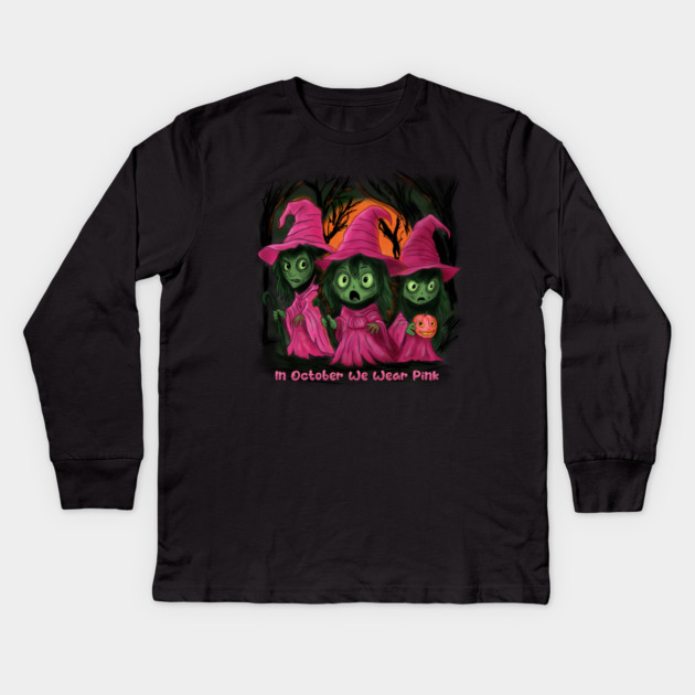 We Wear Pink Witches, Breast Cancer Awareness Kids Long Sleeve T-Shirt by H. R. Sinclair