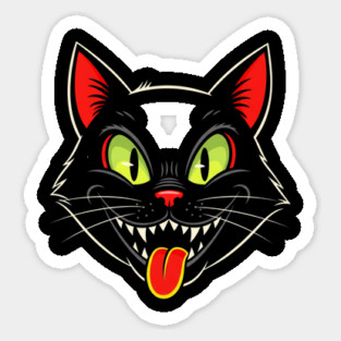 Vintage Style Retro Halloween Smiling Black Cat Face Sticker