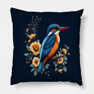 Common Kingfisher with Vintage Sunlit Botanical Blooms Pillow