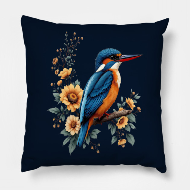 Common Kingfisher with Vintage Sunlit Botanical Blooms Pillow by BirdsnStuff