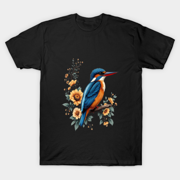 Common Kingfisher with Vintage Sunlit Botanical Blooms T-Shirt by BirdsnStuff