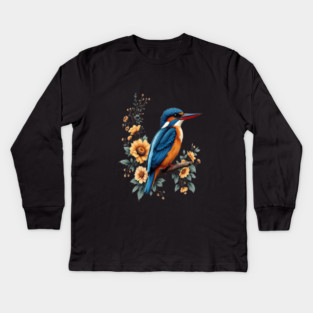 Common Kingfisher with Vintage Sunlit Botanical Blooms Kids Long Sleeve T-Shirt