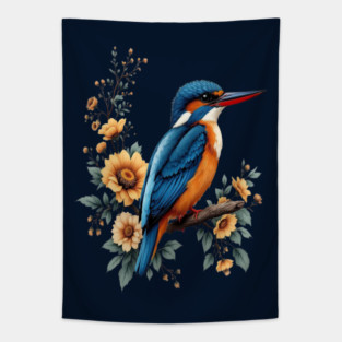 Common Kingfisher with Vintage Sunlit Botanical Blooms Tapestry