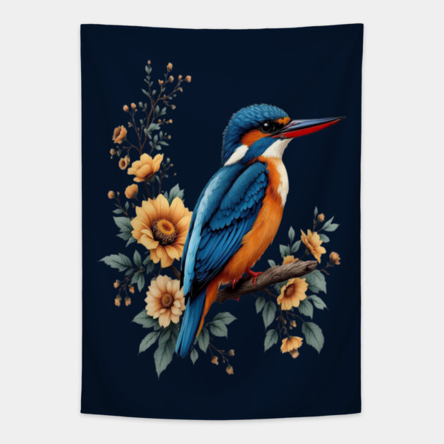 Common Kingfisher with Vintage Sunlit Botanical Blooms Tapestry by BirdsnStuff