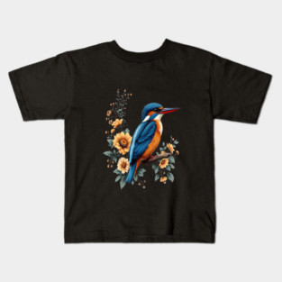 Common Kingfisher with Vintage Sunlit Botanical Blooms Kids T-Shirt