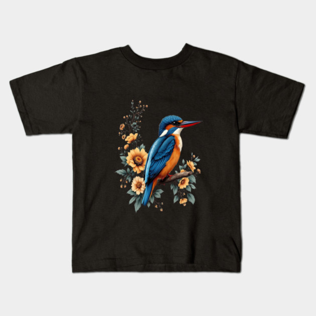 Common Kingfisher with Vintage Sunlit Botanical Blooms Kids T-Shirt by BirdsnStuff