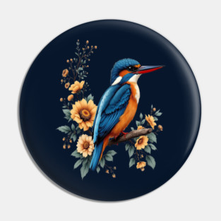 Common Kingfisher with Vintage Sunlit Botanical Blooms Pin