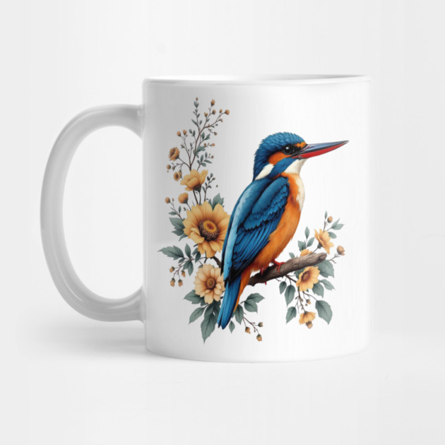Common Kingfisher with Vintage Sunlit Botanical Blooms by BirdsnStuff