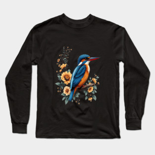 Common Kingfisher with Vintage Sunlit Botanical Blooms Long Sleeve T-Shirt